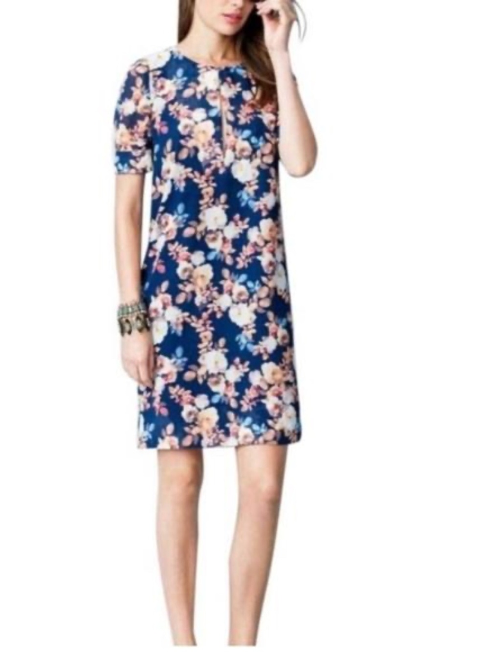 J.Crew A3849 100% Silk Antique Floral Shift Dress | Navy Blue, Keyhole Neckline